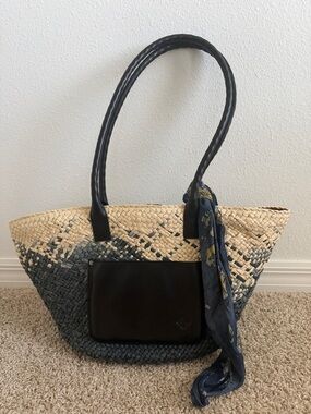 Patricia Nash Woven Straw Tote Bag with Navy Accents